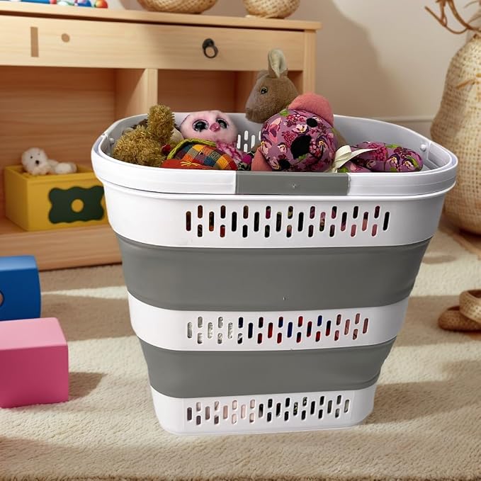 SAMMART 38L(10 Gal) Collapsible Laundry Basket - Foldable Pop-Up Storage Container/Organizer-Portable Space Saving Hamper, Measure 17.5x13.3x15.7"/3.8" Expanded/Collapsed (2, White/Grey) - Image 5
