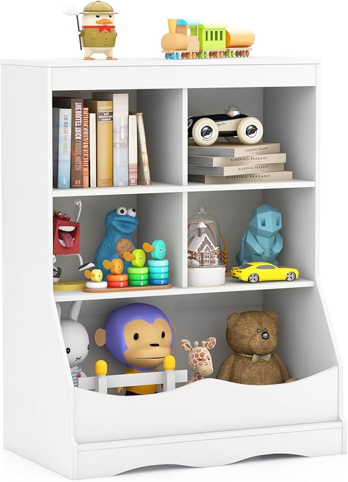 HONEY JOY Kids Toy Storage Organizer with Bookcase, 4-Cubby Organization Storage Cabinet w/Display Shelf, Wooden Toy Storage Unit for Playroom, Nursery Daycare(White) by HONEYJOY