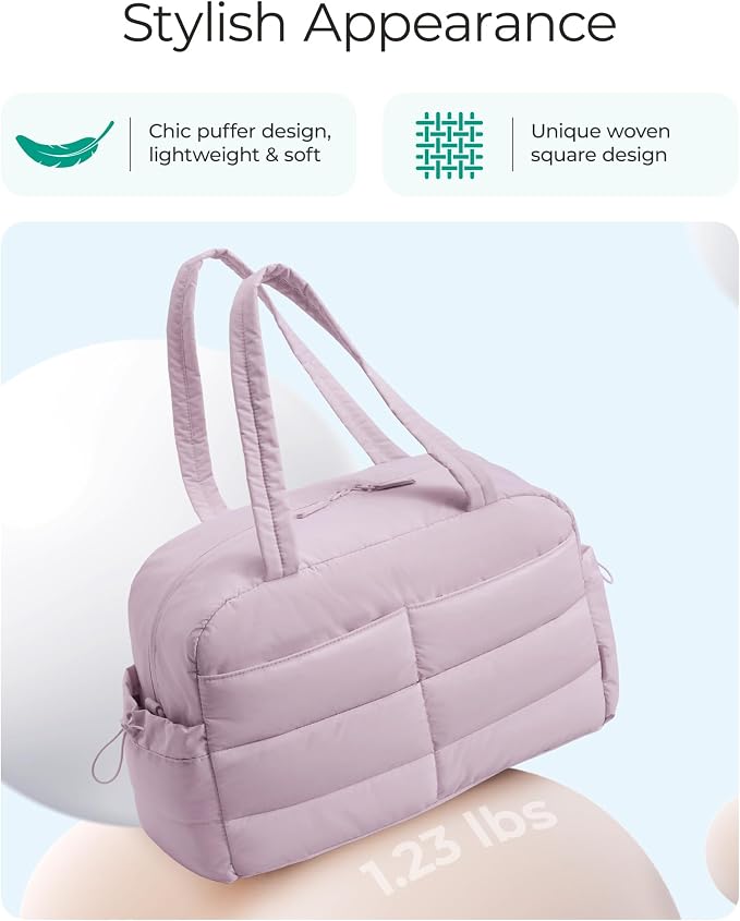 BAGSMART Gym Bag for Women, Lightweight Puffer Duffle Bag 2-PC Travel Bag, 31L Weekender Overnight Bag Quilted Carry On Tote Bag, Diaper Hospital Dance Bag for Travel, Gym, Water Resistant - Image 6