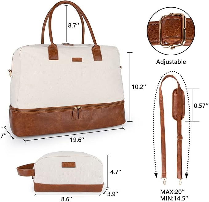 MyMealivos Canvas Weekender Bag Travel Duffel Shoe Compartment Overnight | 16oz High-Density Canvas | Airline Approved 20"x13"x10" Personal Item Size | Separate Bottom Shoe Wardrobe & Toiletry Pouch - Image 2