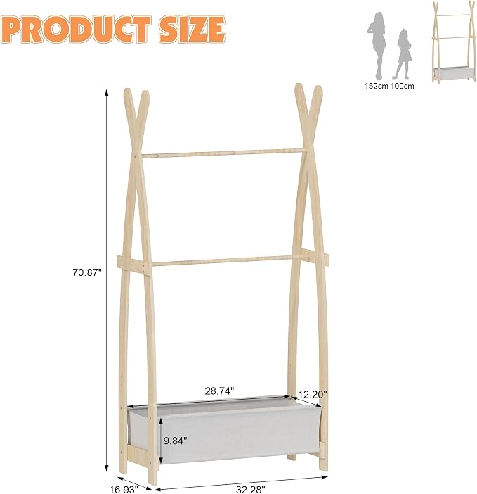 NACHES Tall Kids Clothing Rack with Double Hanging Rods Wooden Garment Rack for Toddler Baby Wardrobe Closet Compact Dress Up Storage Organizer for Girl Costume Princess Coat Bedroom Playroom Nursery - Image 2