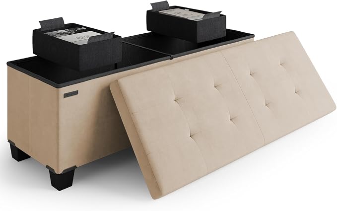 Storage Ottoman Bench with Bins, 43-in Storage Bench for Bedroom End of Bed, Folding Foot Rest Ottoman for Living Room Max 660lbs, Velvet Ottomans, Taupe by STORAGEBUD