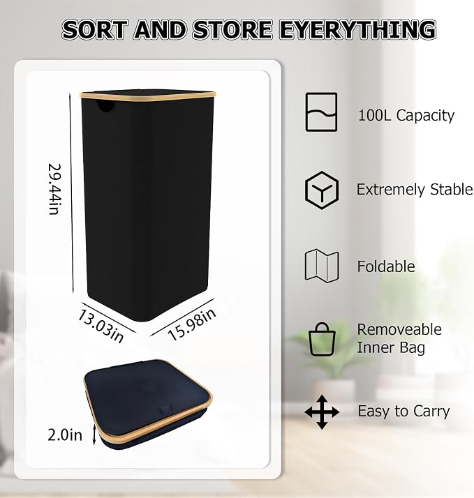 Laundry Basket with lid, Collapsible Laundry Hamper with Bamboo Handle, Dirty Clothes Hampers with Removable Laundry Bag for Clothes Toys Towels (Black, 100L 2 Pack) - Image 3