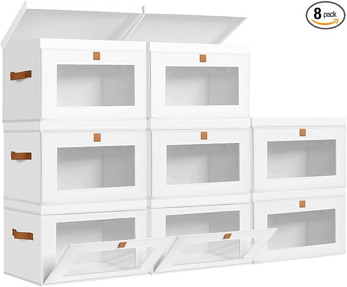 DIMJ Storage Bins with Lids - 8 Pack Large Fabric Closet Organizer with Window & Handles, Collapsible Decorative Storage Boxes for Shelves Under Bed, Books Clothes Blankets Sweaters Organization by DiMJ