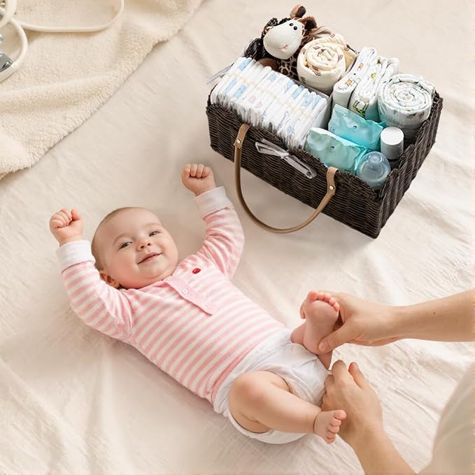 HBlife Baby Diaper Caddy Organizer, Large Portable Scalloped Plastic Wicker Woven Basket with Divider, Nursery Diaper Station, Baby Shower Gifts Basket, Car Organizer, Washable Waterproof - Image 6