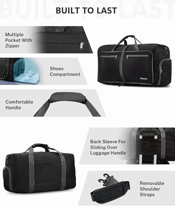 Gonex 60L Foldable Travel Duffle Bag with Shoe Compartment, Lightweight | 210D Nylon, Water-Repellent, Folds Compact, Multiple Pockets, Luggage Sleeve, Weekend Trips & Camping, Black - Image 6