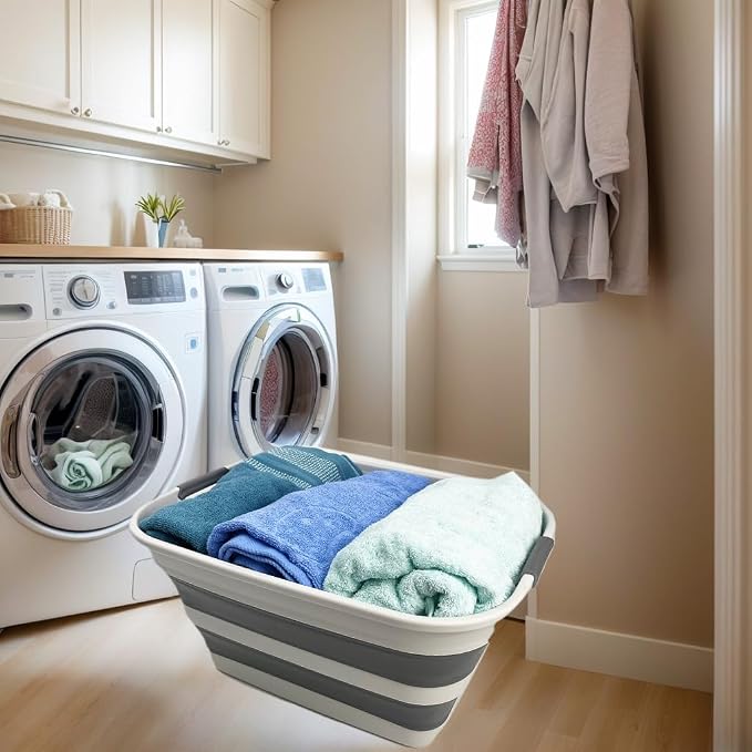 SMMART Collapsible Plastic Laundry Basket with Handle/Foldable Pop Up Storage Hamper/Portable Laundry Organizer-Space Saving Washing Tub/Household Storage Supplies (Grey/Steel Grey, 27L (Set of 2)) - Image 2
