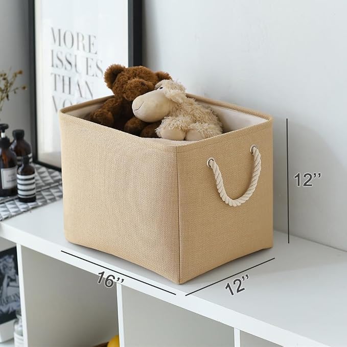 Organization and Storage Basket for Organizing - 3 Pack 16x12x12 inch Cube Fabric Storage Cubes, Storage Bin for Shelves Gift Closet Organizer Cloth Toy (Beige) - Image 5