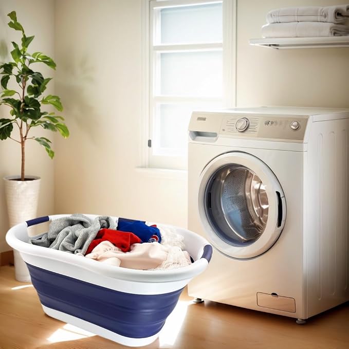 SAMMART Set of 2 Collapsible 3 handled Plastic Laundry Basket-Oval Tub/Basket-Foldable Storage Container/Organizer-Portable Washing Tub-Space Saving Laundry Hamper (40L Oval-White/Navy Blue) - Image 5