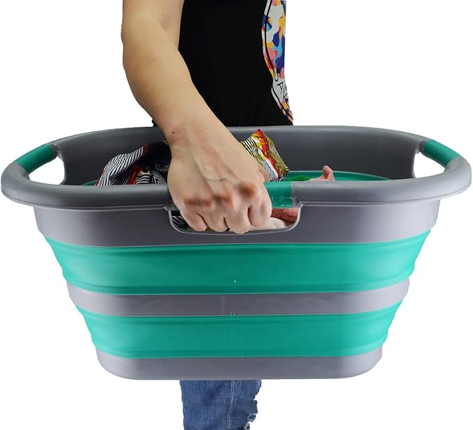 SAMMART 30L (7.9 gallon) Collapsible Plastic Laundry Basket - Foldable Pop Up Storage Container/Organizer - Portable Washing Tub - Space Saving Hamper/Basket (Dark Grey/Bluish-Green (Set of 2)) - Image 7