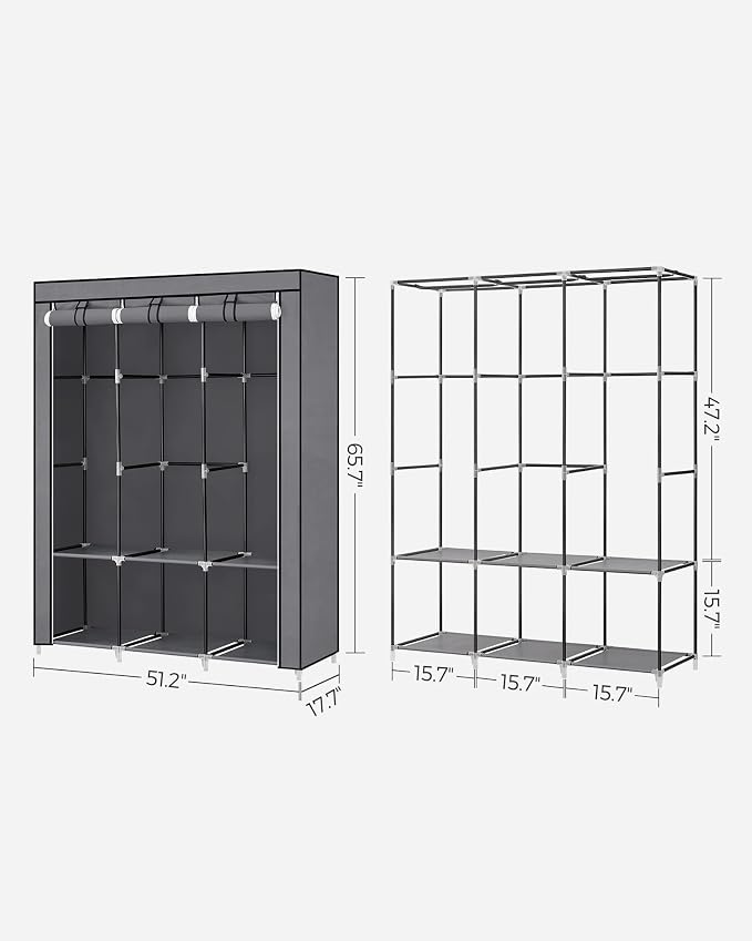 SONGMICS Portable Closet with Cover, 3 Hanging Rods and Shelves | Wardrobe Closet Organizer, 4 Side Pockets, 17.7 x 51.2 x 65.7 Inches, Dove Gray, RYLAN Collection URYG092G02 - Image 5