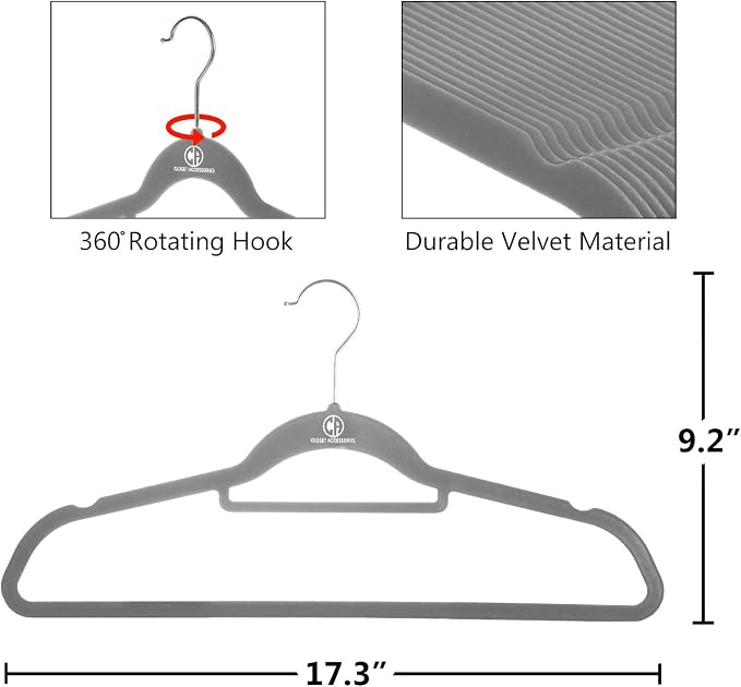 Velvet Hangers, Ultra Slim Space Saving, notches, tie bar, Swivel Hook, with 20 Bonus Matching Velvet Finger Clips. 30 Pack (Charcoal) - Image 6