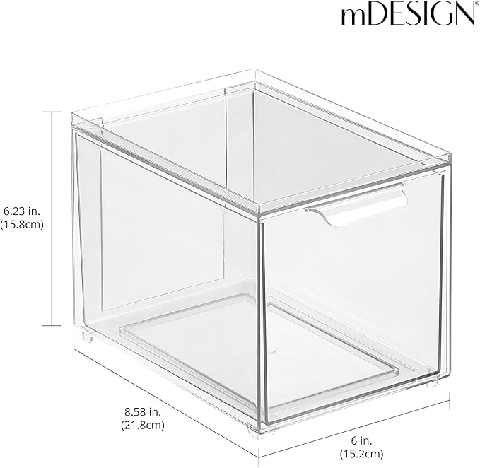 mDesign Plastic Closet Organizer Bin w/Pull Out Drawer - Slim Stackable Storage for Closet - Organization for Accessories, Bags, Totes, Small Linens, and More - Lumiere Collection - 2 Pack - Clear - Image 3
