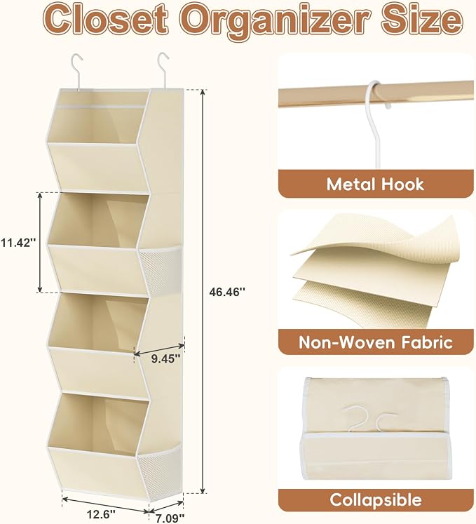 4 Shelf Hanging Closet Organizer Closet Storage for Wardrobe 2 Packs Beige | Hanging Storage Organizer for Closet Organizers and Storage, Hanging Clothes Organizer for Closet Organizer Closet Shelves - Image 3