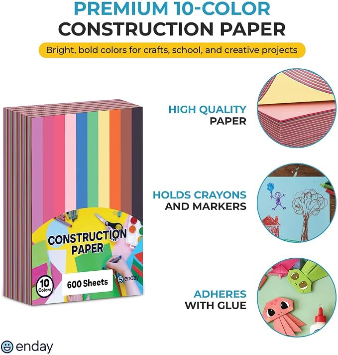 Construction Paper Assorted Colors, 10 Bright Colors, 9”x12” Bulk Craft Paper, Standard Weight Construction Paper, Color Paper for Kids Arts & Crafts and School Projects, by Enday - Image 2