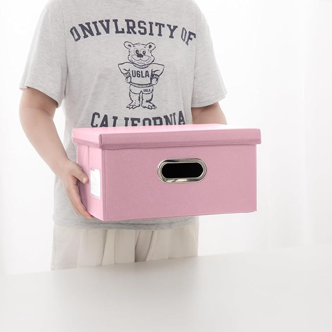 Collapsible Storage Box with Lid [1-Pack] Leather Fabric Foldable Storage Bin Organizer Container Basket Cube with Cover for Home Bedroom Closet Office Nursery Pink (13.6x9.6x6.9) - Image 6