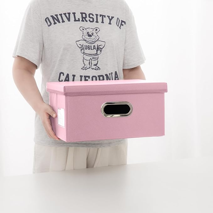 Collapsible Storage Box with Lid [3-Pack] Leather Fabric Foldable Storage Bin Organizer Container Basket Cube with Cover for Home Bedroom Closet Office Nursery Pink(13.6x9.6x6.9) - Image 6