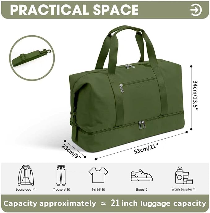 Oeihuivt Weekender Bags for Women - 21 Inch Large Travel Duffel Bag with Shoe Compartment, Heavy-Duty Canvas Leather Carry On Overnight Tote, Green - Image 3