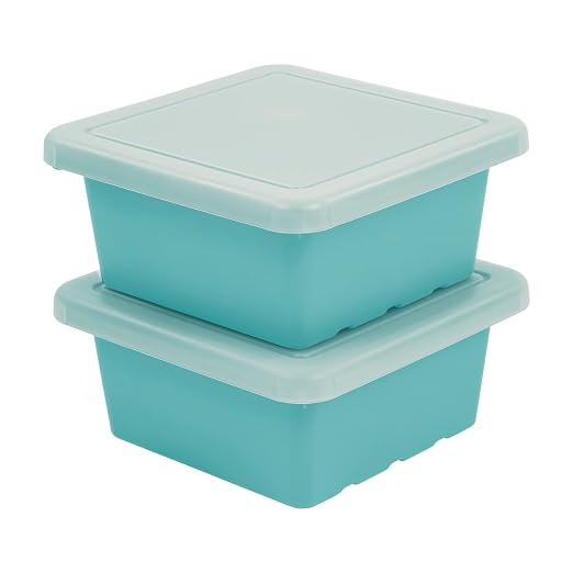 ECR4Kids Stackable Square Bins with Non-Snap Lids, Multipurpose Organization, Seafoam, 2-Pack by ECR4Kids