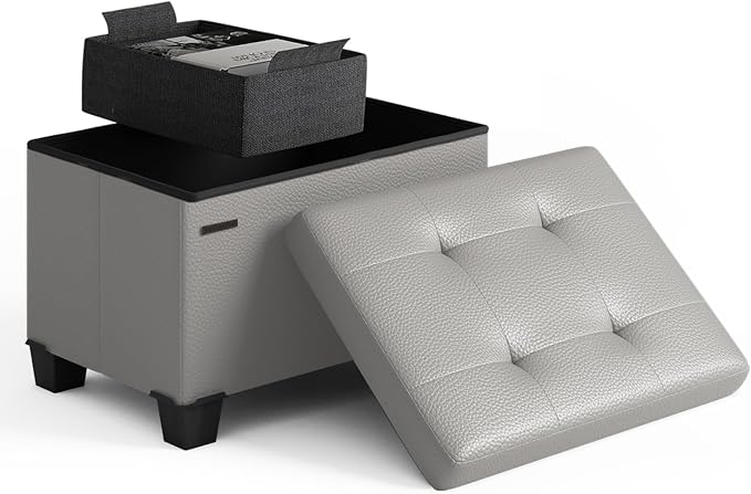 Storage Ottoman Cube with Small Bin, 16-in Square Ottoman with Storage for Living Room and Bedroom, Small Ottomans Foot Rest, Leather Foot Stools Ottomans Max 330lbs, Light Grey by STORAGEBUD