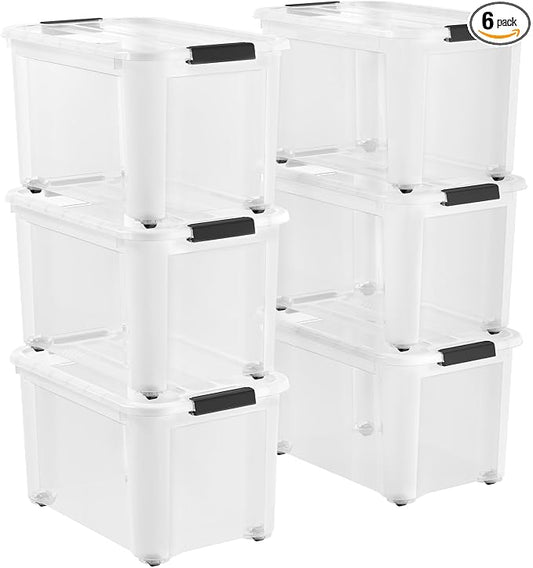 Lifewit 34Qt Storage Bins with Lids, Plastic Large Latches Boxes with Wheels, Clear Totes Tubs Container for Closet Organizers and Storage, Bedroom, Clothes, Craft, 6 Pcs by Lifewit