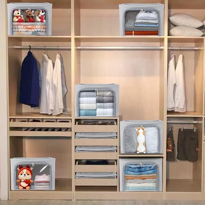 Clothes Storage Box Bins Stackable Foldable Organizer with Metal Frame for Clothing Bedding Shelves,Closet Container with Clear Window Zipper and Label Holder (Gray,Small-40L x3 Pack) - Image 6