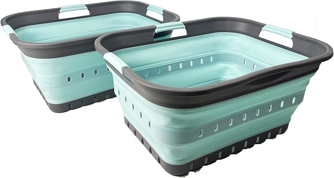 SAMMART 42 (11 Gallons) Collapsible Plastic Laundry Basket, Foldable Pop Up Storage Container/Organizer, Space Saving Hamper, Portable Bin for Dorm Room Bathroom (2, Grey/Lake Green) by SAMMART
