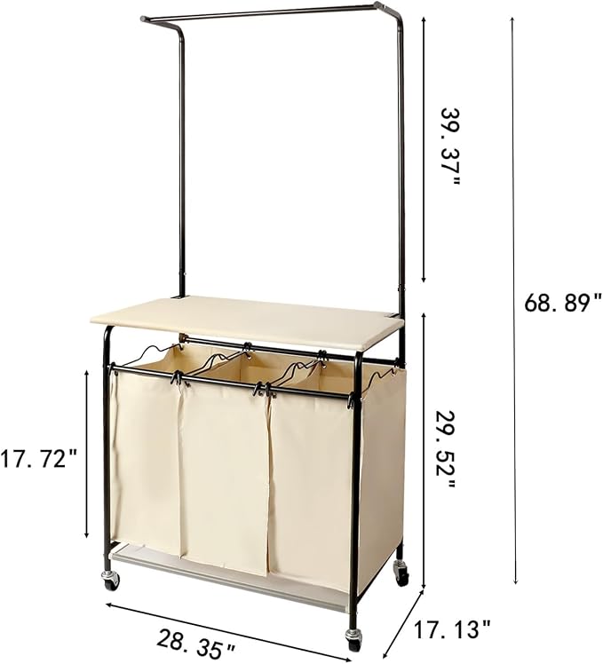 MYOYAY 3 Section Laundry Sorter with Garment Hanging Bar Rack Foldable Ironing Board, Laundry Basket Organizer Heavy Duty Laundry Hamper Rolling Cart with Lockable Wheels and 3 Removable Bags - Image 2