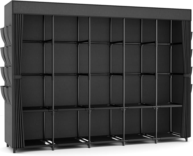 Portable Closet Storage, Portable Wardrobe Closet Organizer Clothes Rack wtih Cover, Hanging Rod, Storage Shelves and Side Pockets, Large Portable Closets for Hanging Clothes, Black - Image 7