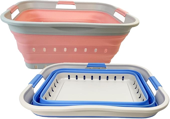 SAMMART Set of 2 Collapsible Plastic Laundry Basket - Foldable Pop Up Storage Container/Organizer - Portable Laundry Hamper - Space Saving (Little Boy Blue+Quartz Pink, 42L) - Image 2