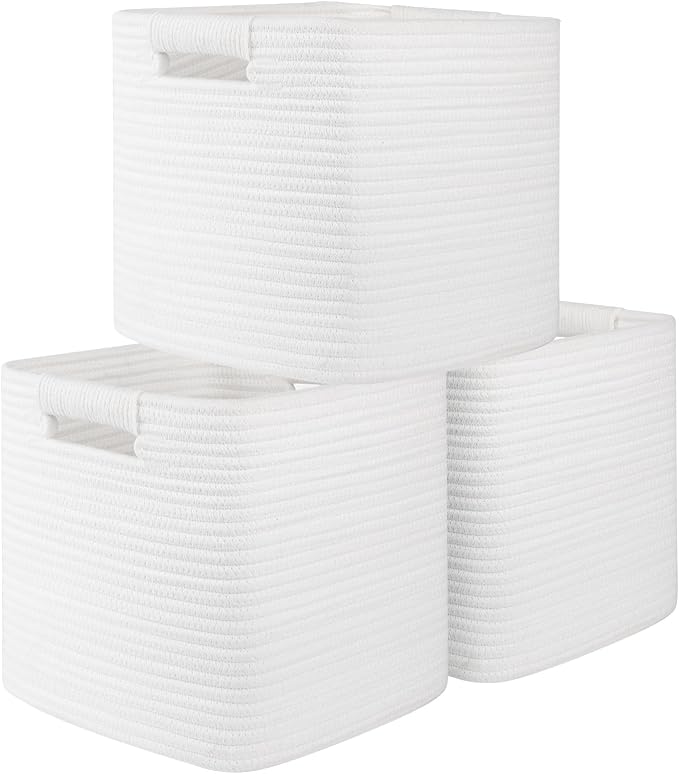 OIAHOMY Storage Cubes 11 Inch - 3 Pack, Cotton Rope Woven Baskets for Organizing, Square Storage Baskets for Shelves Organizer, Classroom, Kids Toy Bins, Closet, Baby Nursery-White by MasterofSpaceOptimization