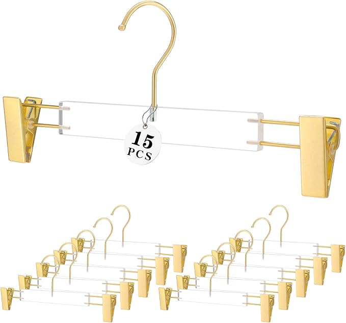 Acrylic Hangers,Clear Hangers with Gold Hooks,Luxurious Skirt Pants Hangers Gold Clips for Clothing Closet Storage 15 pcs by BESSER+HAUS