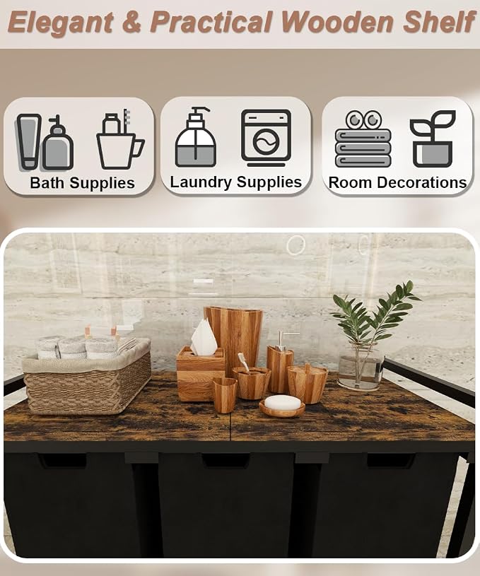 10 x 3 Gal Large Laundry Hamper, Rustic Brown and Black | Freestanding Clothes Basket Organizer with 3 Pull-Out & Removable Sorter Bags for Clothing or Toys in Bathroom & Living Room - Image 3
