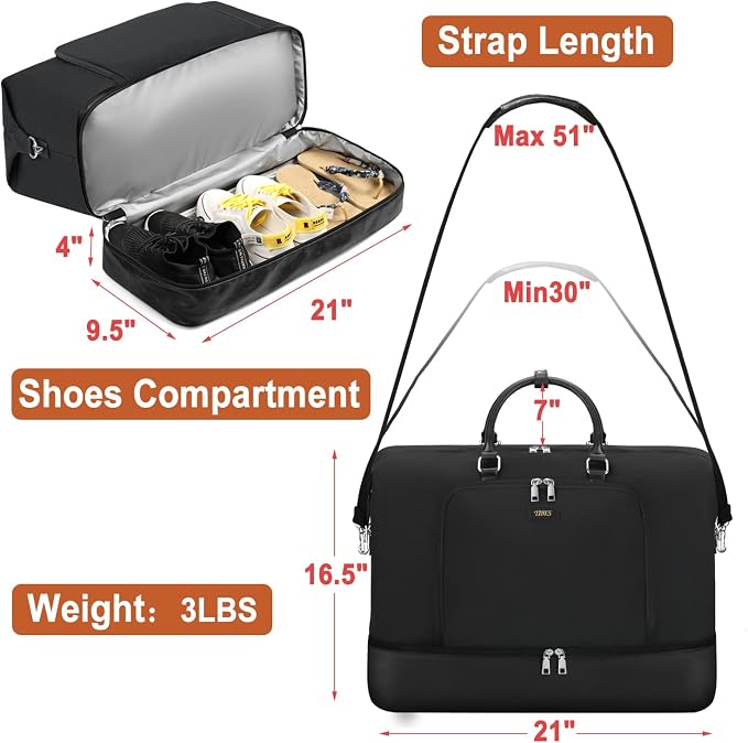TIBES Travel Weekender Bag for Women, Overnight Bag with Shoe Compartment | 3PCS Large Travel Duffel Bag for Gym, Travel, Hospital, Business Trip, Carry On Tote, Wet & Dry Separation, Water Resistant - Image 6