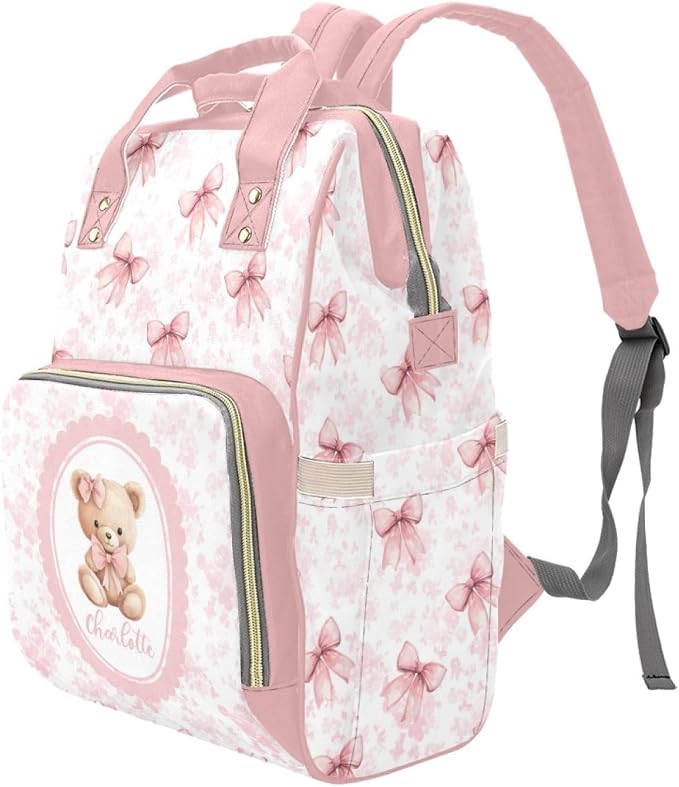 Personalized Bear and Pink Bow Diaper Bag Backpack with Custom Name – Waterproof Multi-Pocket Baby Nappy Bag for Moms and Dads – Large Capacity Travel Backpack & Shower Gift for Baby - Image 2