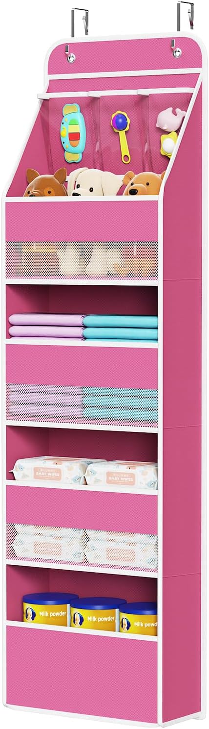 Univivi Fabric Over Door Hanging Organizer for Baby Nursery, Pink, 5-Shelf | Door Storage with Large Capacity Breathable Mesh Pockets, Over Door Storage Organizer for Baby Essential, Bedroom, and Dorm by Univivi