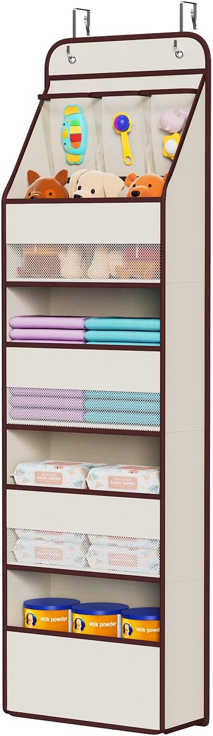 Univivi Fabric Over Door Hanging Organizer for Baby Nursery, Beige, 5-Shelf | Door Storage with Large Capacity Breathable Mesh Pockets, Over the Door Organizer for Baby Essential, Bedroom and Dorm by Univivi
