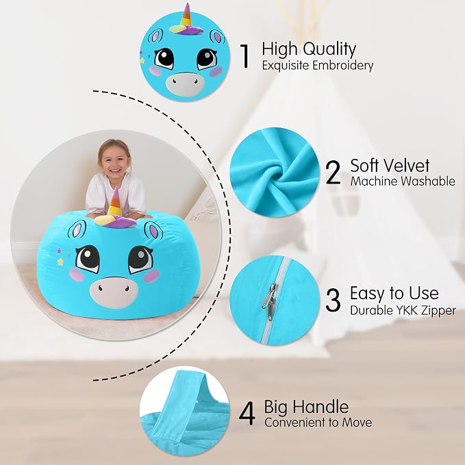 Aubliss Stuffed Animal Storage, Velvet Bean Bag Chairs Cover, Large 32" | Ultra Soft Kids Toy Storage Organizer for Blankets Towels Clothes, Blue Big Eyes - Image 2