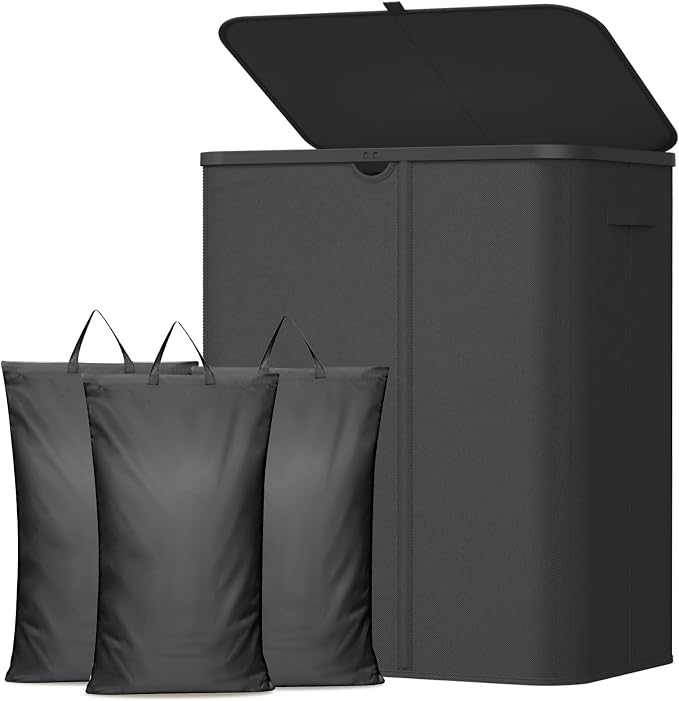 Lifewit 185L 3 Section Laundry Hamper with Lid, Laundry Basket, Black | Large Foldable Laundry Sorter with 3 Removable Bags, Tall Clothes Hamper for Bedroom and Bathroom by Lifewit