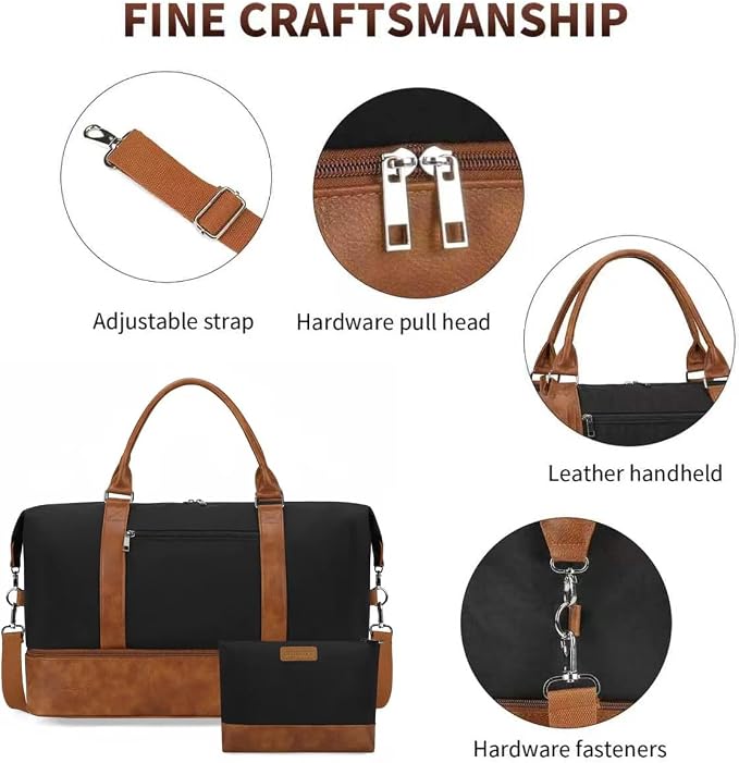 Oeihuivt Weekender Bags for Women - 21 Inch Large Travel Duffel Bag 2-Piece Set with Shoe Compartment, Heavy-Duty Canvas & Leather Carry On Overnight Tote (Airplane Approved) - Image 2