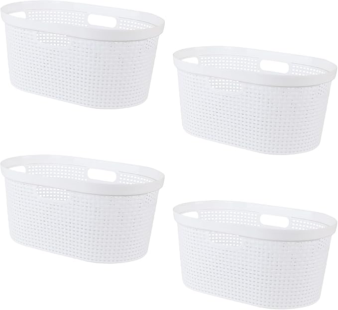 4 Pack 40L Plastic Laundry Basket, Stackable Hamper with Handles | White Laundry Storage Basket, Lightweight Design for Bathroom or Laundry Room, Easy Carry Grip - Image 7