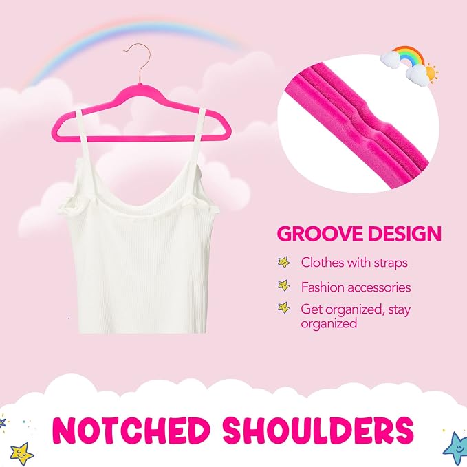 HOUSE DAY Velvet Kids Hangers 60 Pack, Premium Childrens Hangers for Closet | Hot Pink Ultra Thin Cute Non Slip Kid Felt Clothes Hanger 14 Inch, Small Hanger for Toddler Clothes +360° Rose Gold Hook - Image 6