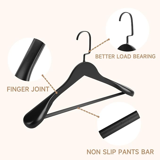 Wooden Suit Hangers with Non Slip Pants Bar, Black, 6-Pack, 17.5" | Wood Extra-Wide Shoulder Hangers with Flat-Head Hook for Suits, Coats, Jackets, Shirts, Pants, Heavy Clothes - Image 4