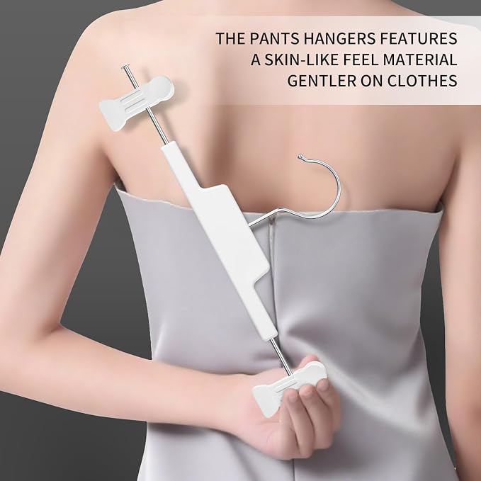 HUADYMEET 12 Inch Heavy Duty Pants Skirt Hangers with Clips,White,10 Pack | Plastic,Space Saving,Adjustable,Non Slip,Hanger for Jeans Shorts Clothes Slacks Trousers,For Adult Men Women Children - Image 2