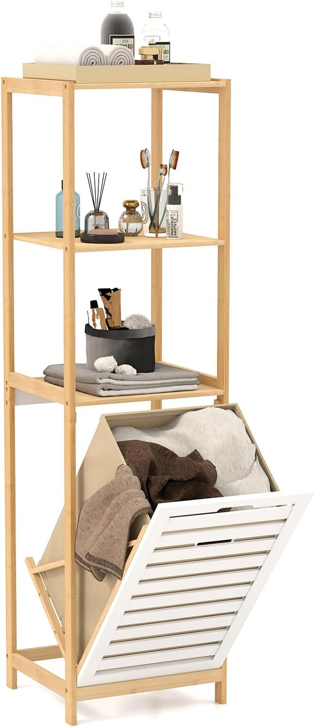 LOKO Bamboo Tilt-Out Laundry Hamper, 3-Tier Freestanding Laundry Basket with Shelf & Removable Liner, Laundry Sorter, 51" Tall Clothes Hamper Storage Organizer for Bathroom, Small Space, Natural by LOKO