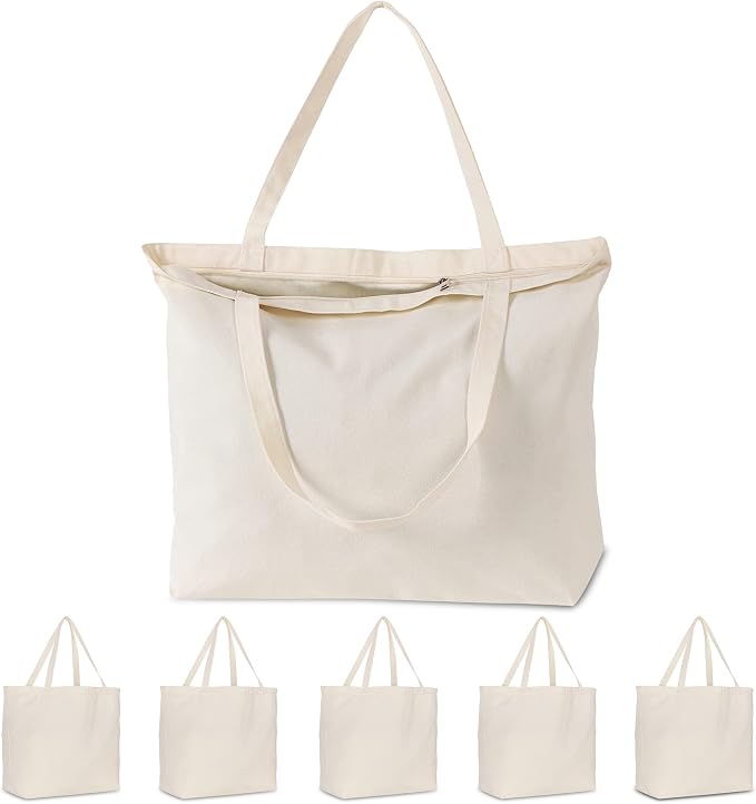 Koolmox Tote Bag Bulk with Zipper, 6-Pack 22x16x7.8'' Beige Tote Bag, 12Oz Durable Grocery Tote with Reinforced Handles and Wide Bottom for Grocery Shopping Bags Washable and Reusable Carry All Bags by Koolmox
