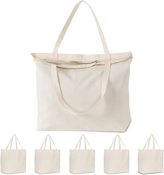 Koolmox Tote Bag Bulk with Zipper, 6-Pack 22x16x7.8'' Beige Tote Bag, 12Oz Durable Grocery Tote with Reinforced Handles and Wide Bottom for Grocery Shopping Bags Washable and Reusable Carry All Bags by Koolmox