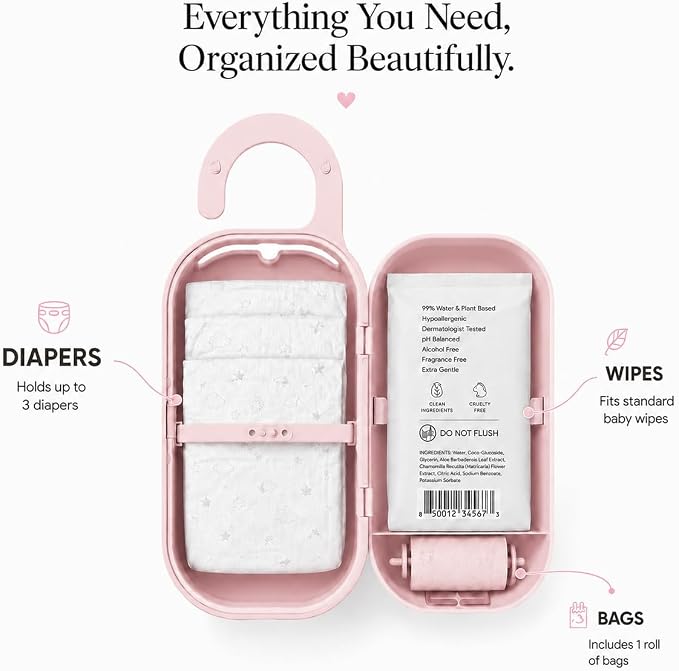 Keepigo| Baby Pink Diaper Bag Wipe Dispenser | 3-in-1 Portable Diaper Caddy Organizer, Baby Wipe Holder with Disposable Bags | Baby Essentials for Newborns, Toddlers, Travel & Baby Shower Gifts - Image 3