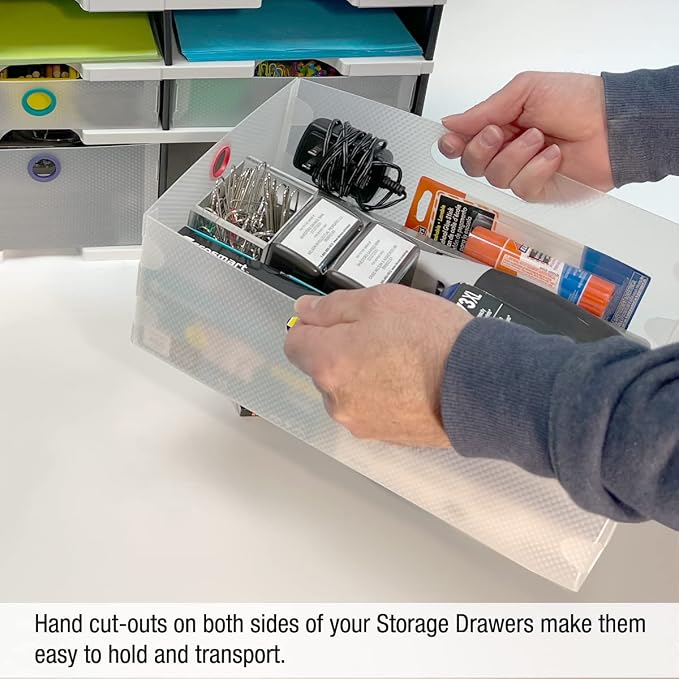 Ultimate Office TierDrop Storage Drawers, 9w x 12d x 4.75h, Set of 3, Clear | Color-coded finger rings for easy access to contents; stores desk accessories and supplies; designed for TierDrop organizers - Image 6