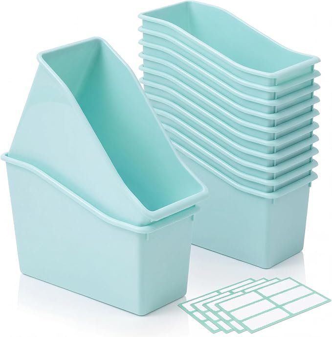 Geetery 12 Pcs Book Bin for Classroom with Labels Stackable Plastic Organizing Bins 11.5 x 5.4 x 7.5 in Book Holders Storage Bins Box Baskets for Classroom Library Home (Teal Color) by Geetery